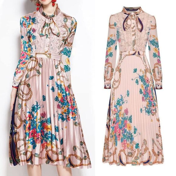 Dalia MacPhee Pink Lace Long Sleeve Printed Pleated Midi Dress M Vintage Luxe - Picture 3 of 16